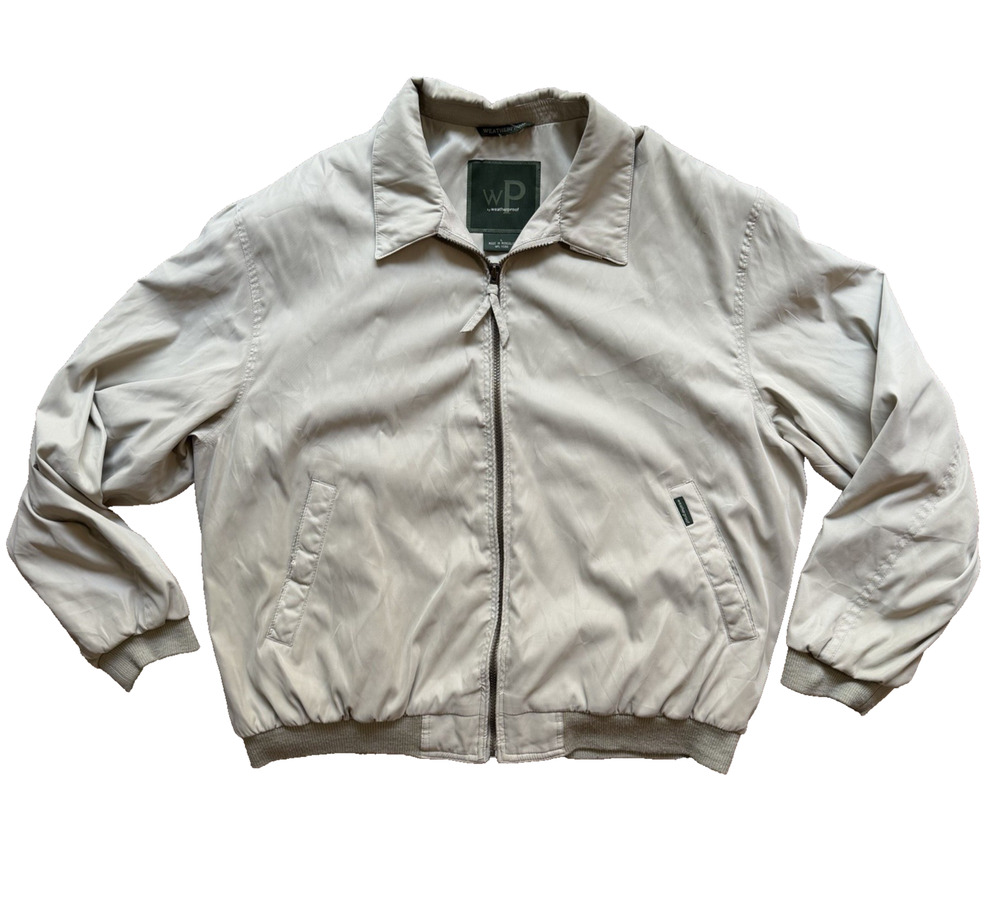 Weatherproof Mens Jacket Bomber Full Zip Collared Pockets Logo Ivory Size L EUC